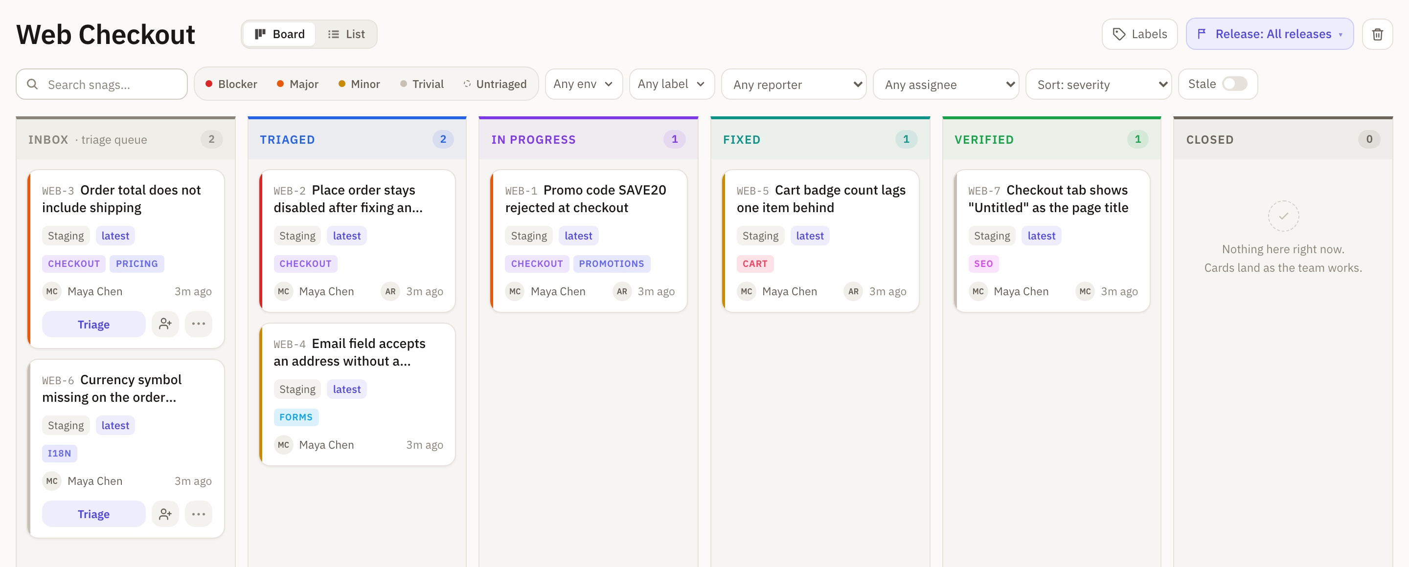 A Snag board with columns from inbox to closed and cards carrying severity, assignee and labels.