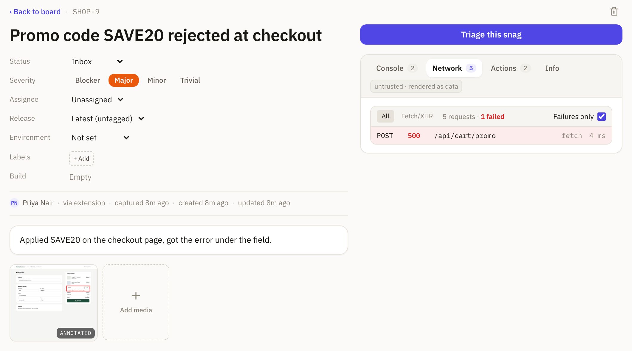 A filed snag with its screenshot, the page it was captured on, the console error and the failed request.