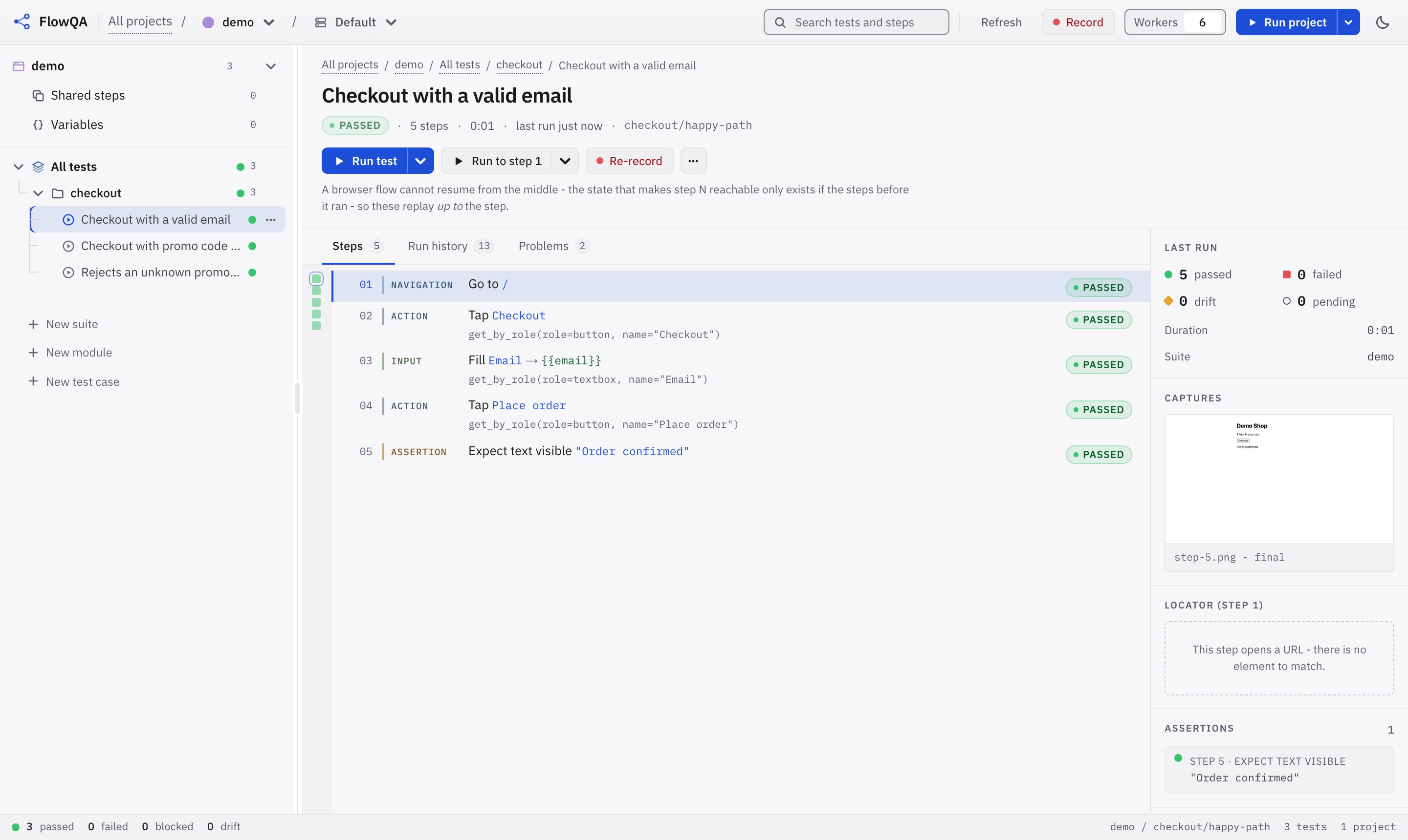 The FlowQA workbench with a generated checkout test: every recorded step, its assertion, and the result of the last run.